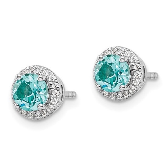 14K White Gold Pure Serenity Lab Grown Diamond &  round Paraiba Post Earrings - Picture 4 of 4